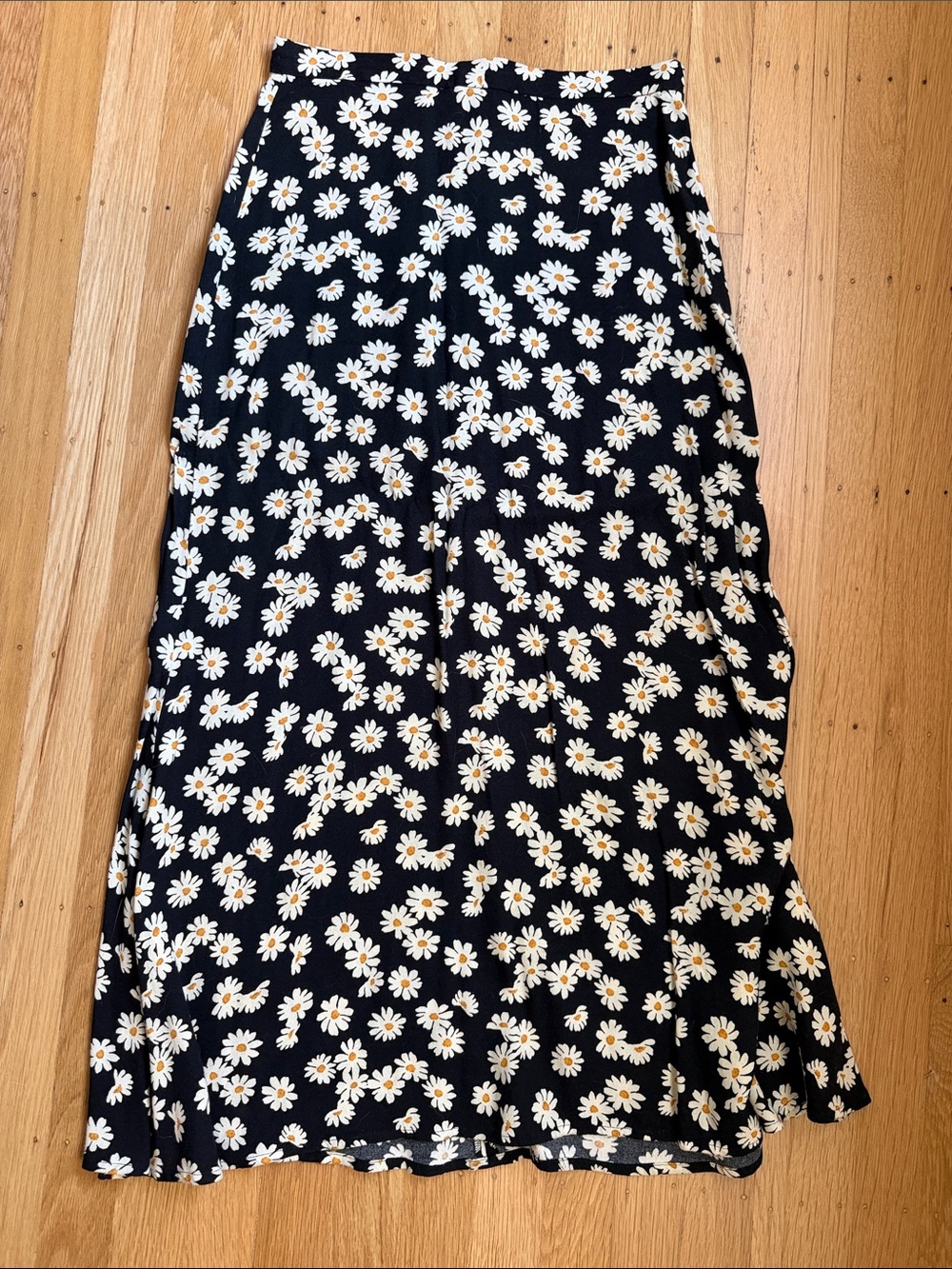Reformation Black Maxi Skirt with White and Yellow Daisy Print